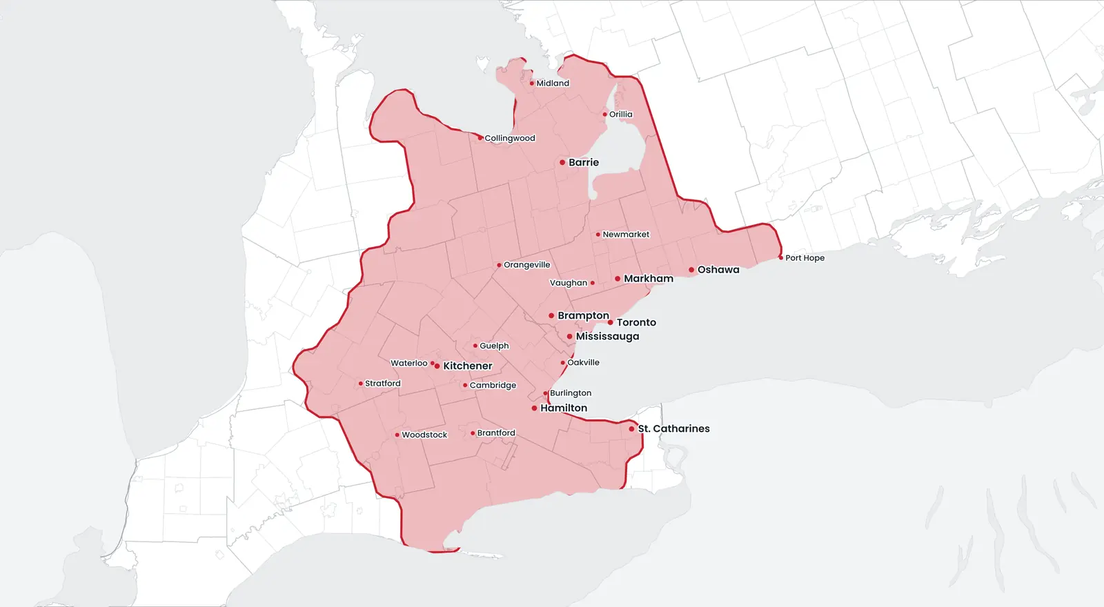 Map of ProTek's service area across Southern Ontario, from Midland and Barrie in the north to St. Catharines in the south, and from Stratford in the west to Port Hope in the east.